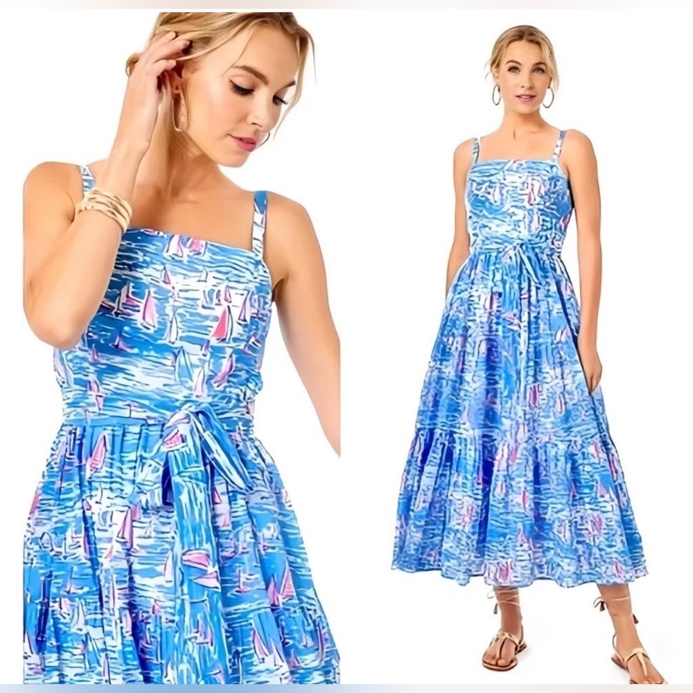 Lilly Pulitzer Blue Pink Sailboat Print Maxi Dress